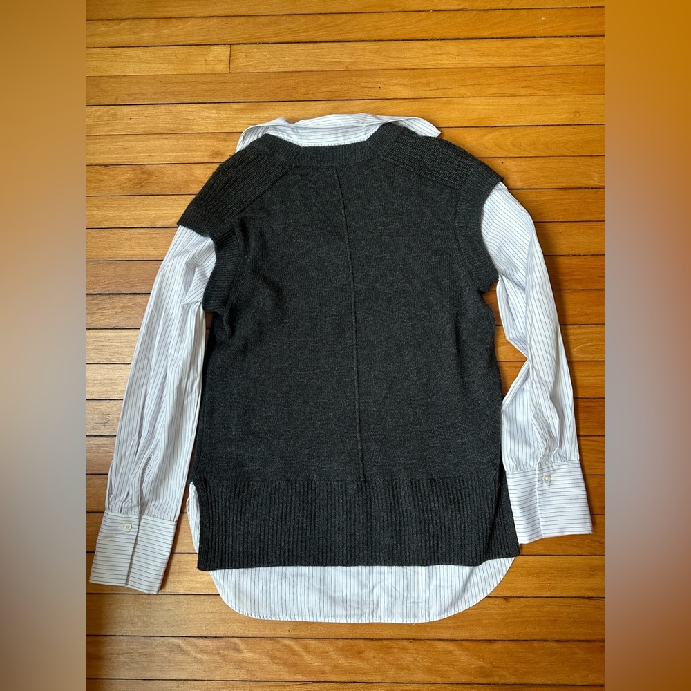 BROCHU WALKER Grey Gray V Neck Sweater Vest Blue White pinstripe collar blouse M - Picture 7 of 13